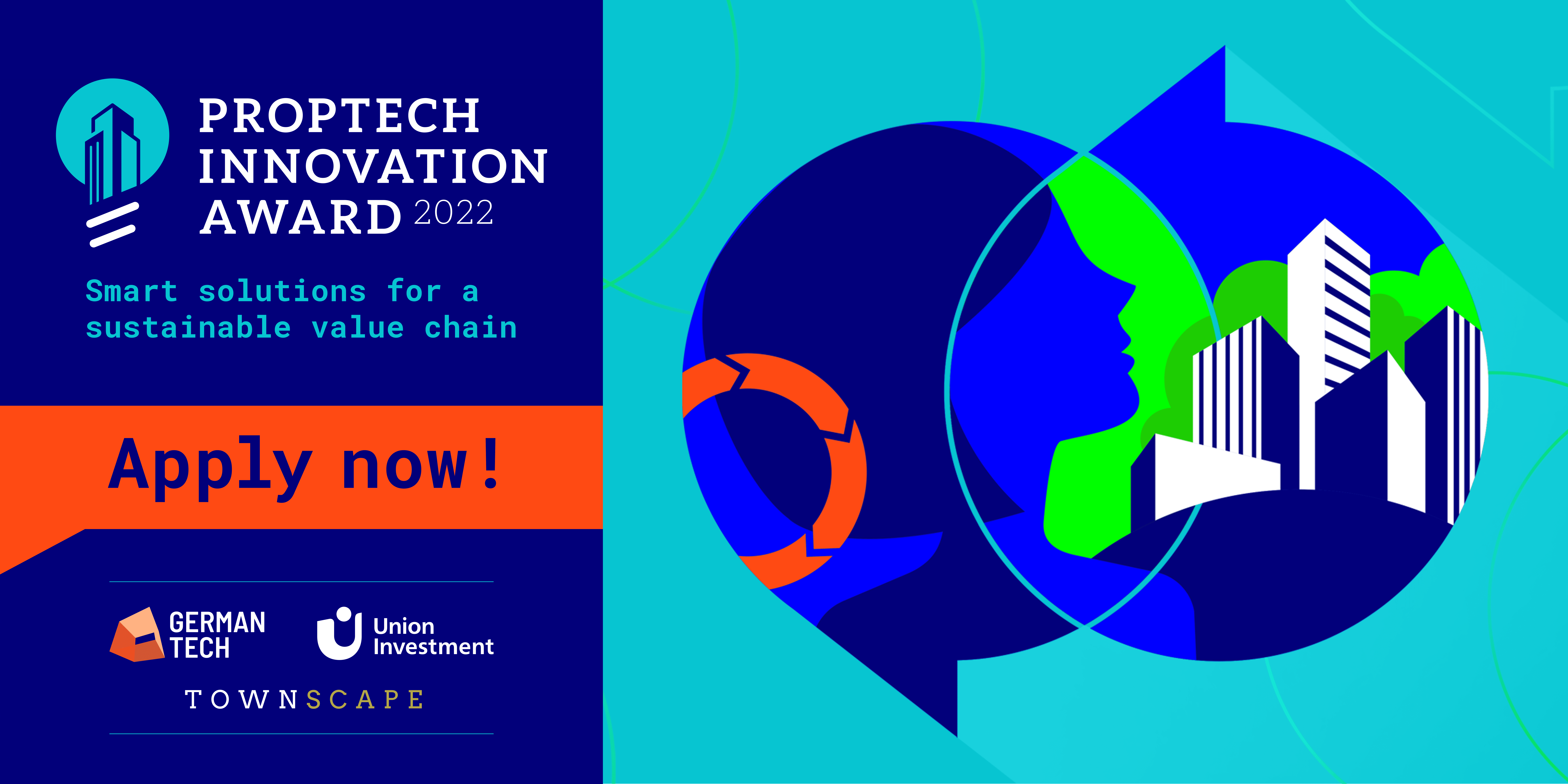 PTIS22-KeyVisual_female PropTech Innovation Award 2022, KeyVisual, Illustration einer Frau vor Gebäuden